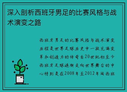 深入剖析西班牙男足的比赛风格与战术演变之路